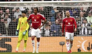 Image Credit Owen Humphreys/AP - Manchester United players Leny Yoro (left) and Christian Eriksen show their disappointment after conceding a goal during the Newcastle United vs MU match in Newcastle upon Tyne, England, Sunday, April 13, 2025.