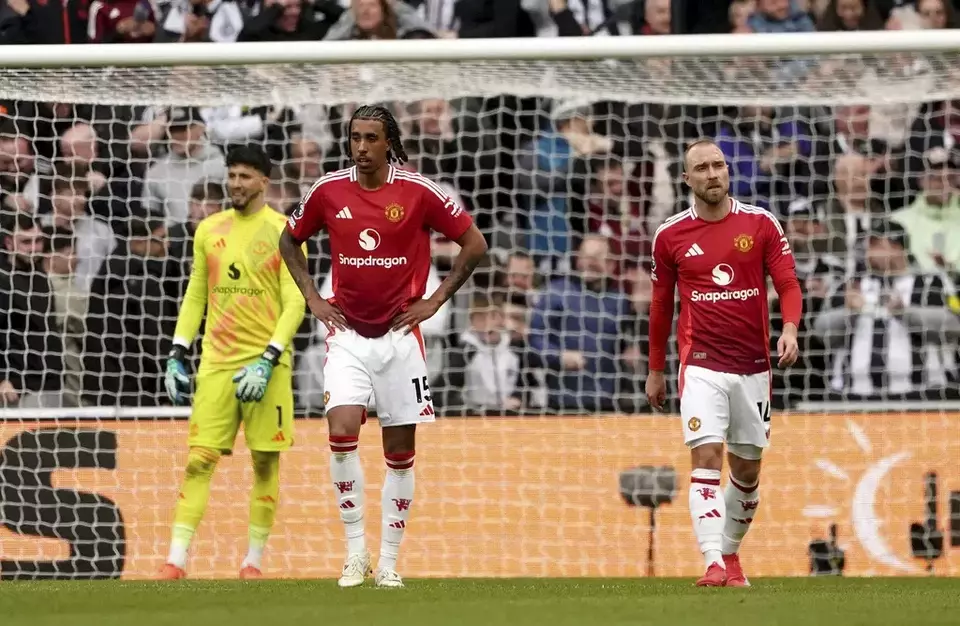 Image Credit Owen Humphreys/AP - Manchester United players Leny Yoro (left) and Christian Eriksen show their disappointment after conceding a goal during the Newcastle United vs MU match in Newcastle upon Tyne, England, Sunday, April 13, 2025.